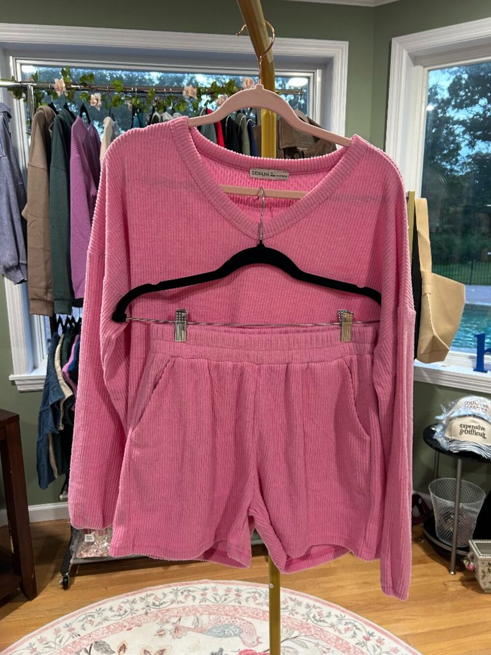 NWT Zenana CANDY PINK Brushed Ribbed Hacci V-Neck Tee + Shorts Set